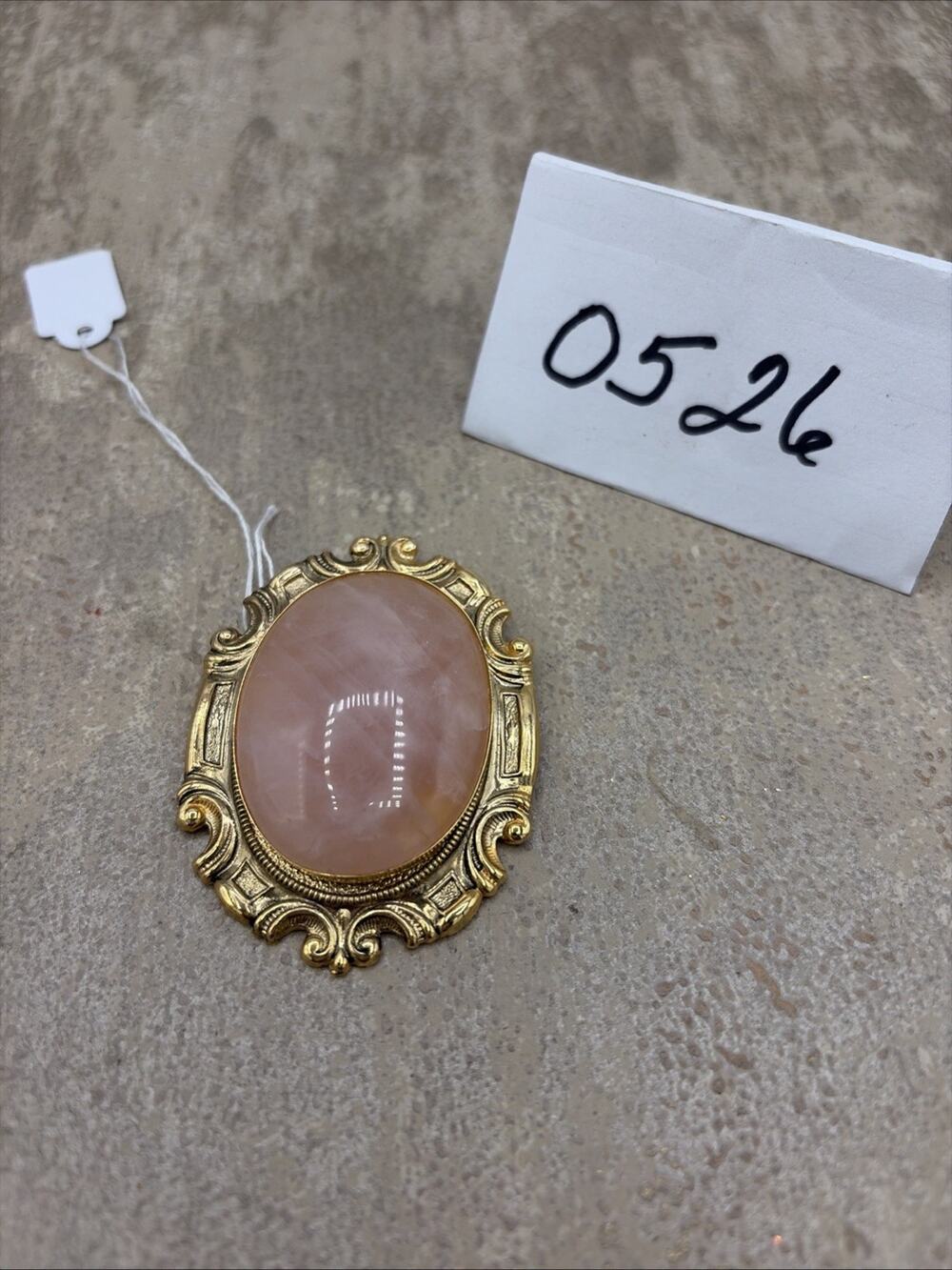 Rose Quartz Victorian Revival gold toned gemstone brooch